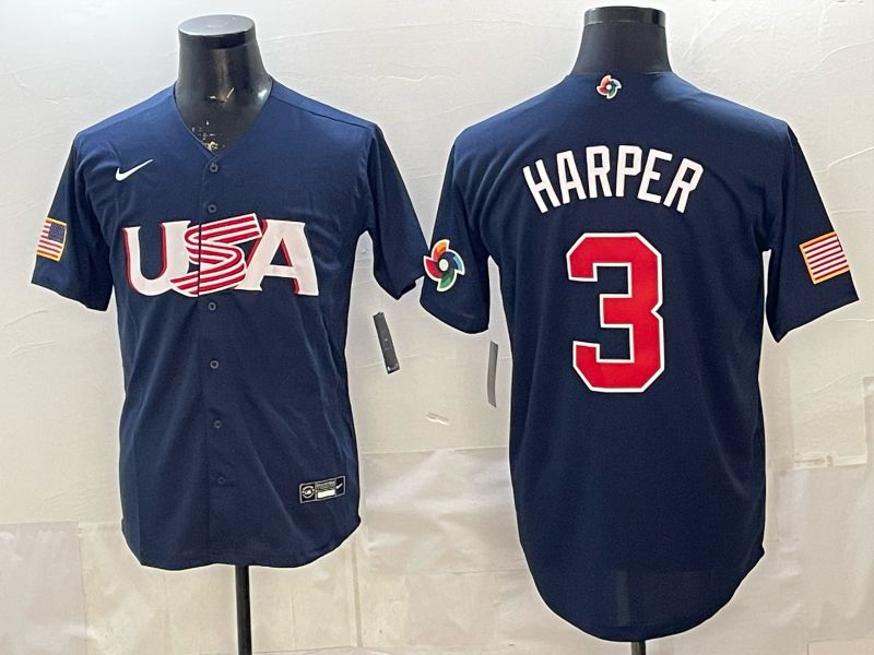 Men 2026 World Cub USA #3 Harper Blue Nike MLB Jersey style 007